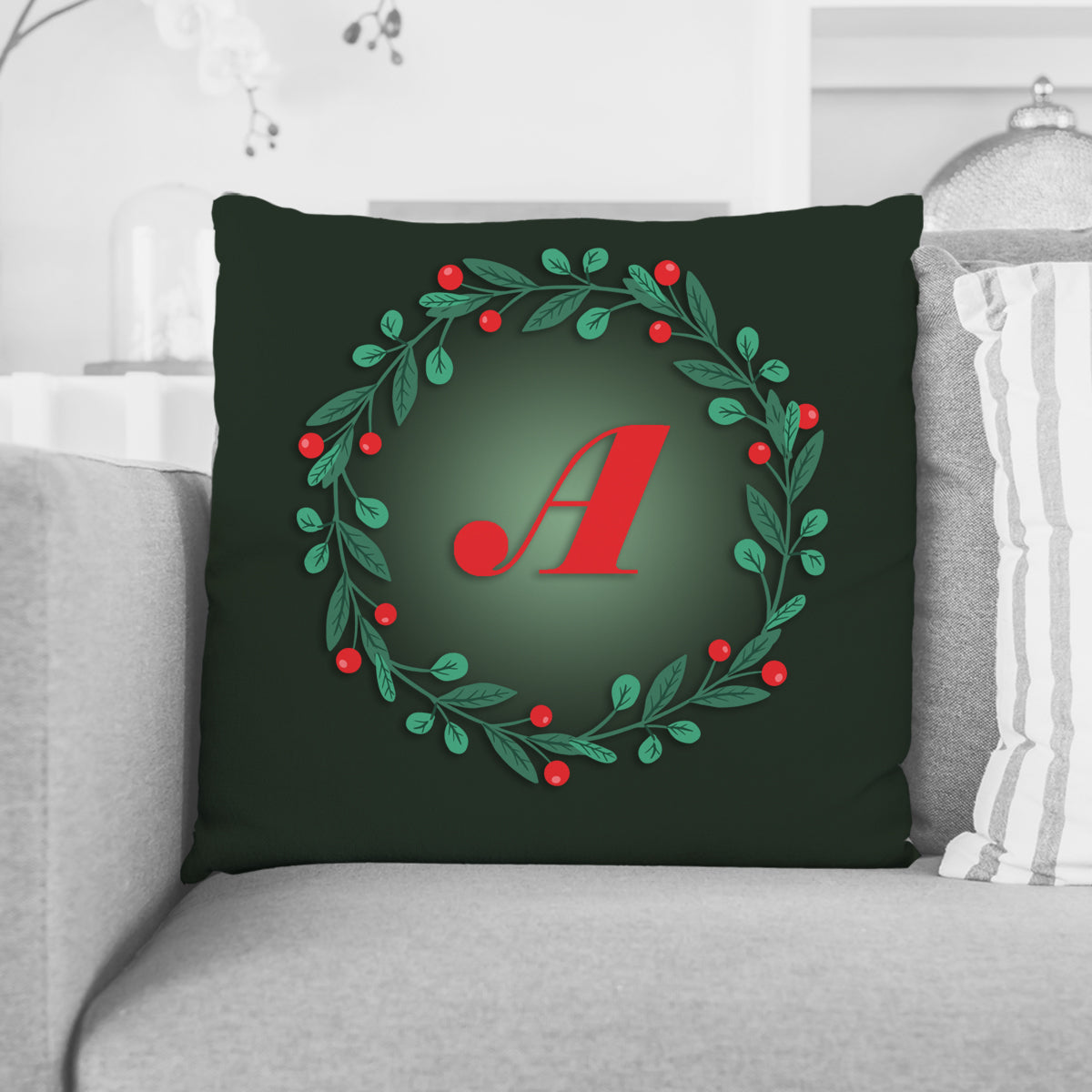 Custom Christmas Wreath Monogram Pillow